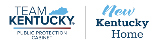 Official Team Kentucky logo showing outline of the state and the words Team Kentucky with the words Public Protection Cabinet underneath, and the words New Kentucky Home on the right of this logo.